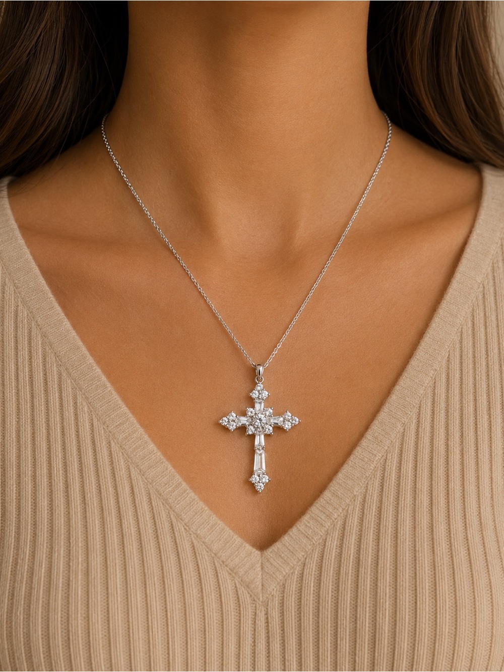 925 Silver CZ Cross Pendant Necklace